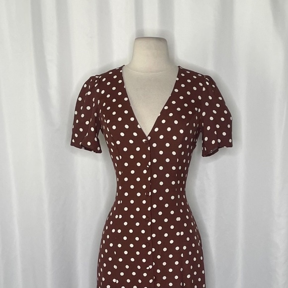 REFORMATION Locklin Dress Brown White Polka Dot Midi Au Lait Chocolate Dress 2 - Picture 4 of 15